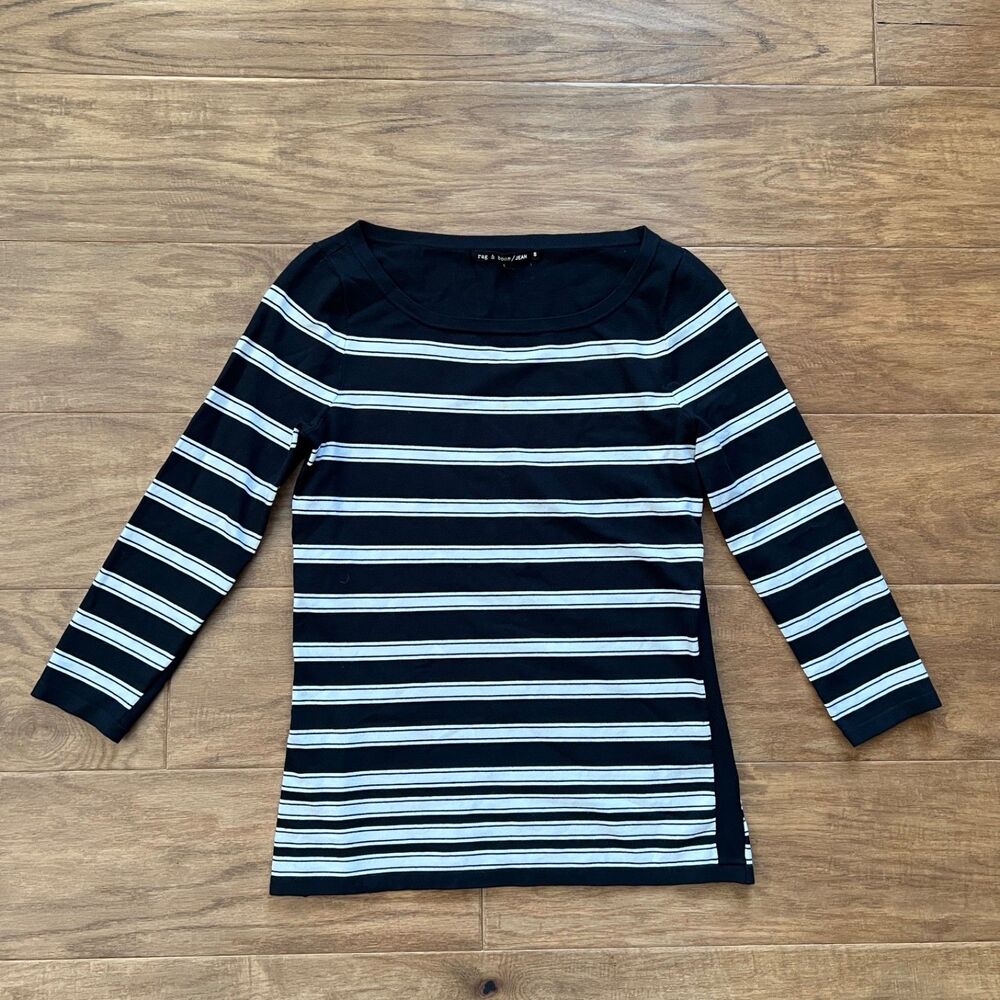Rag & Bone Jean Sara 3/4 Sleeve Striped Knit T-Shirt Size S Black/White
